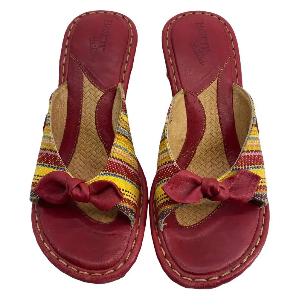BORN Drilles 8 / 39 Striped Espadrilles Wedge Mule Open Toe Red Bow W5850
